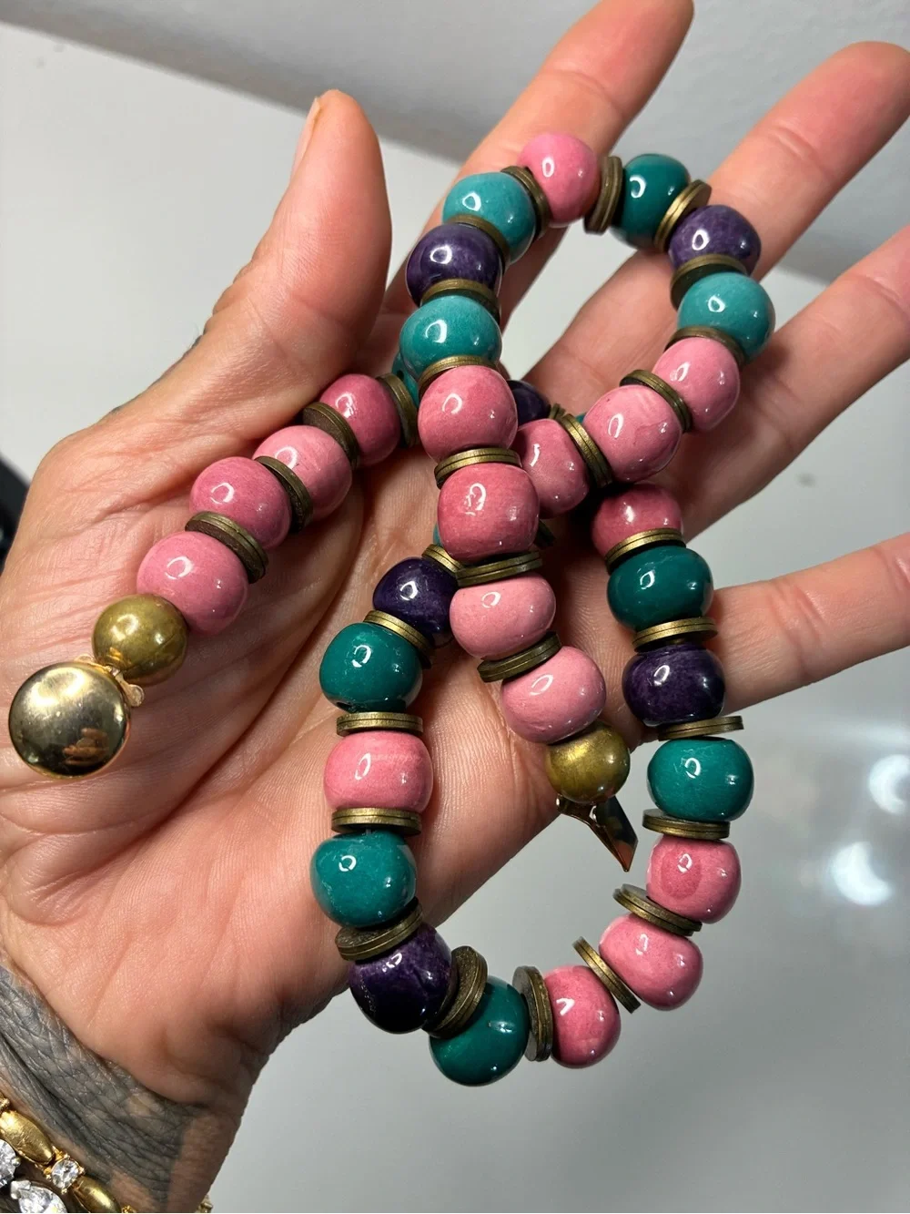 VTG Chunky Ceramic Pink, Teal & Purple Beaded Necklace with Antique Gold Spacers